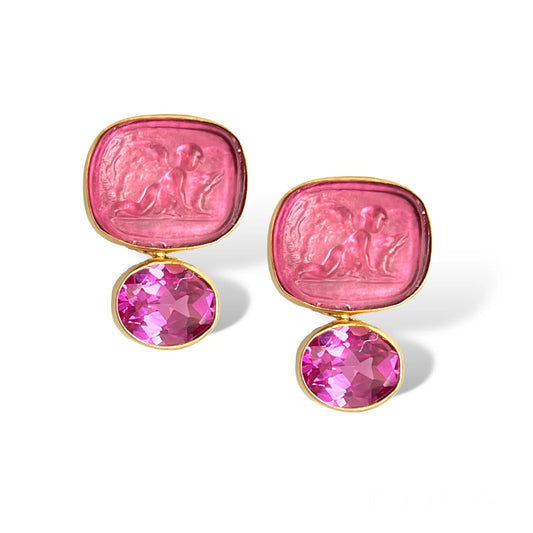 DMD E Guardian Angel Intaglio Earrings - Hot Pink & Pink Sapphire
