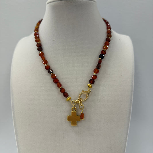 GDS Necklace - Front Close Faceted Amber Beads with Cross