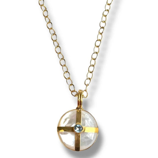 DMD N Mother of Pearl & Blue Topaz Cross Necklace