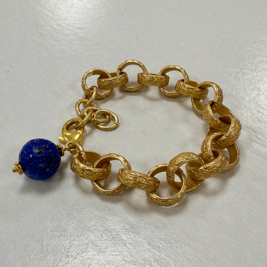 GDS Bracelet - Chunky Textured Chain with Carved Blue Bead