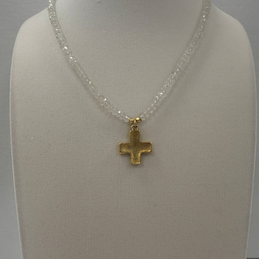 GDS Necklace - Faceted Clear Beads with Gold Cross