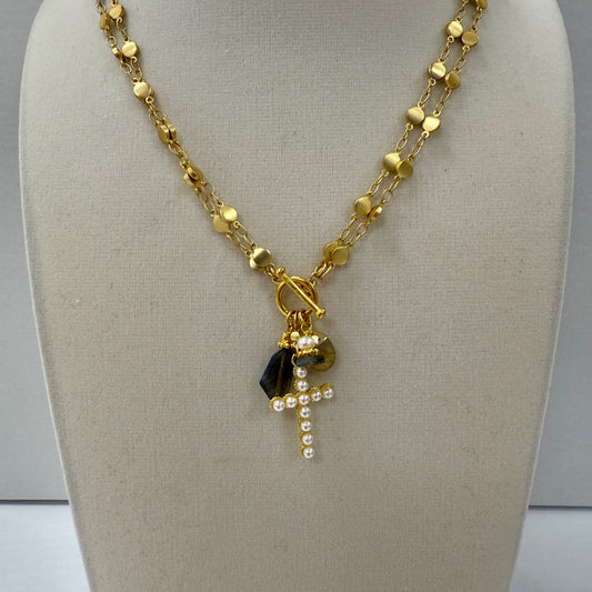 GDS Necklace - Long/Short Dot Chain with Lab Drops & Pearl Cross
