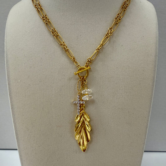 GDS Necklace - Long/Short Paperclip Chain with Leaf & Cross