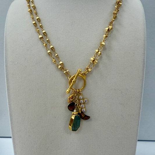 GDS Necklace - Long/Short Dot Chain with Drops & Cross