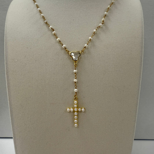 GDS Necklace - Pearl Beaded Rosary Chain with Pearl Cross