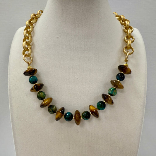 GDS Necklace - Tiger's Eye Rhondelle & Aqua Beads on Chunky Chain