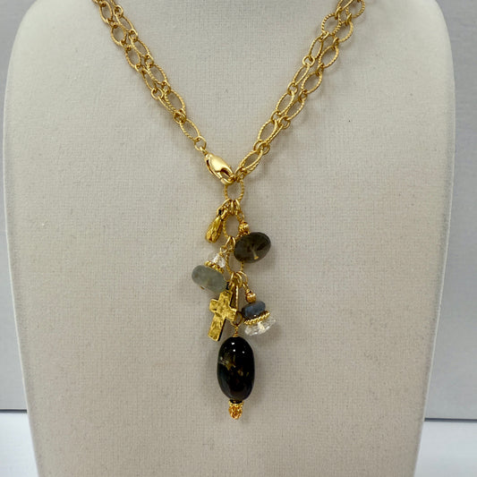 GDS Necklace - Long/Short Textured Oval Chain with Drops & Cross