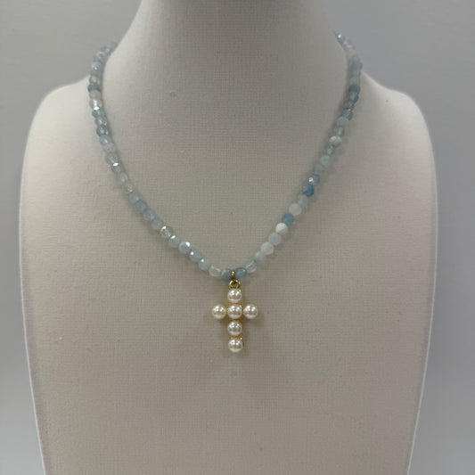 GDS Necklace - Faceted Aqua Beads with Pearl Cross