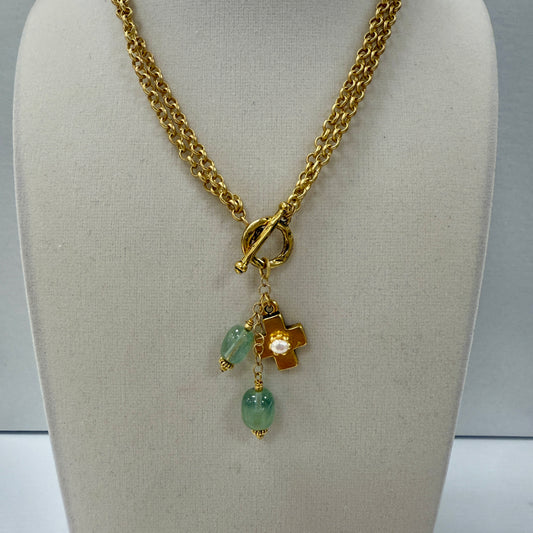 GDS Necklace - Long/Short with Pearl Cross & Aqua Drops