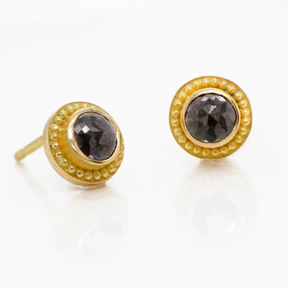Earrings with Rose Cut Black Diamonds with Granulation in 18kt Gold