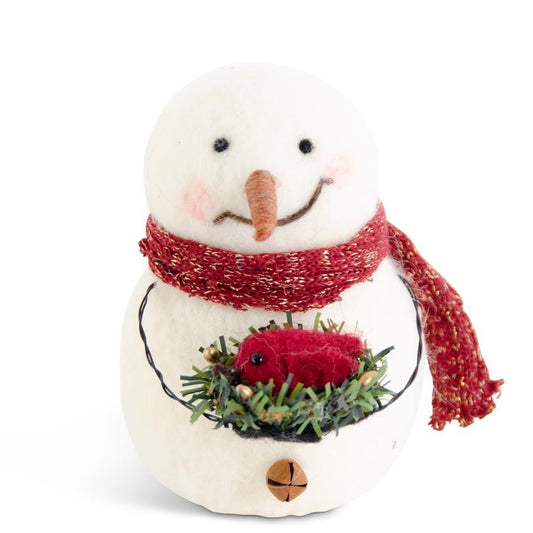KKI Wool Snowman Holding Cardinal In Nest - 5"