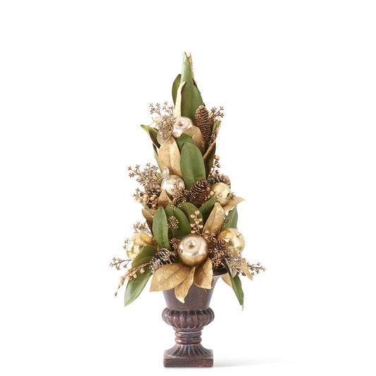 Green & Gold Magnolia Leaf Topiary W/Apples, Berries & Pine - 28.5"