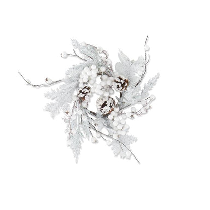 KKI Glittered Flocked Pine Candle Ring W/ White Berries & Pine Cone - 17"