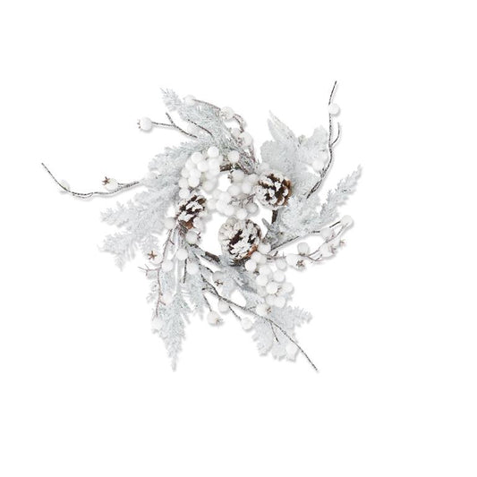 KKI Glittered Flocked Pine Candle Ring W/ White Berries & Pine Cone - 17"