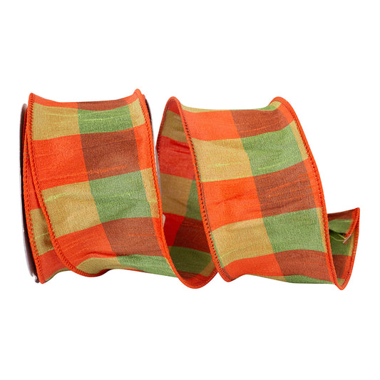 Tonal Plaid Dupioni Wired Edge - Orange/Green 2.5"x10yds