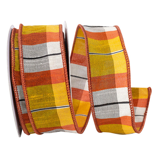Cozumel Tierra Dupioni Plaid Wired Edge - Orange/White 1.5"x10yds