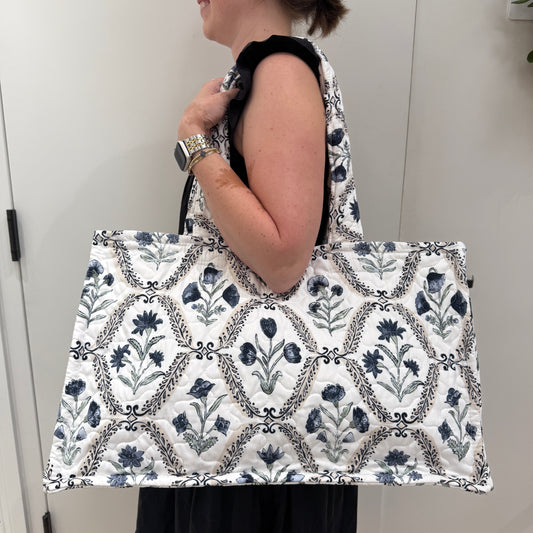 IMH Tote Bag - Charlotte Floral - White & Navy
