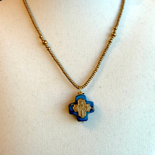 Tiny Cross on Blue Jasper Pendant with Seed Beads