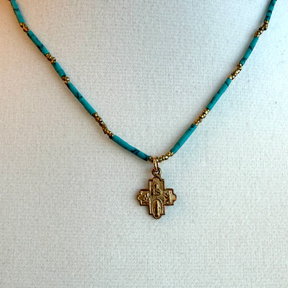 Tiny 4 Way Cross with Turquoise Tube Beads