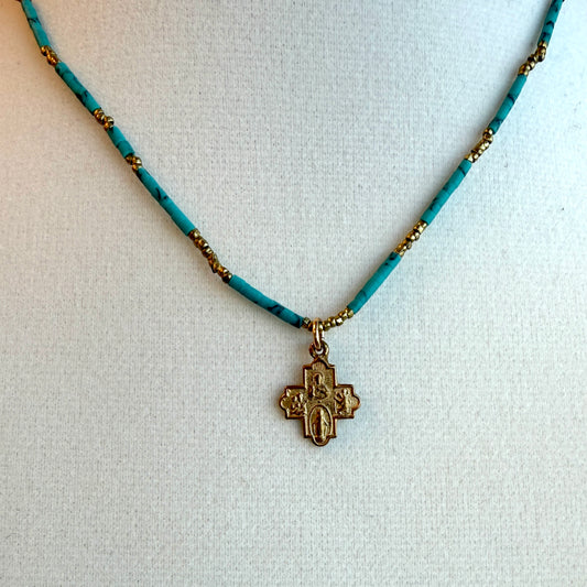 Tiny 4 Way Cross with Turquoise Tube Beads