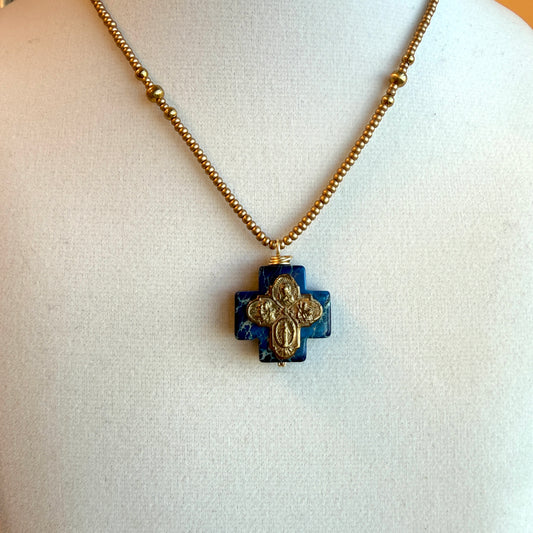 Small Cross on Blue Jasper Pendant with Seed Beads