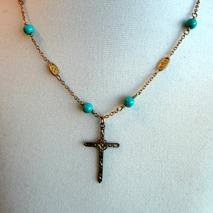 Slim Cross on Filigree Chain with Turquoise Beads