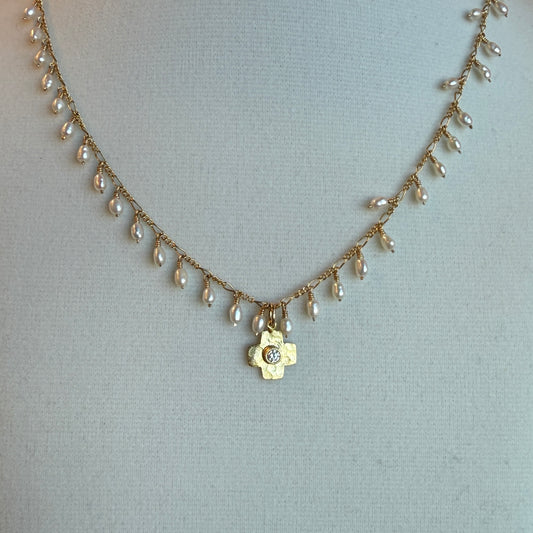 Tiny CZ Cross with Pearl Dangle Chain