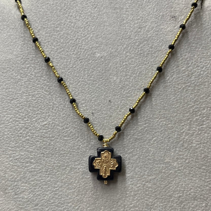 AB-N Tiny Cross on Black Stone with Onyx & Heishi