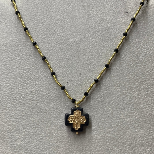 AB-N Tiny Cross on Black Stone with Onyx & Heishi