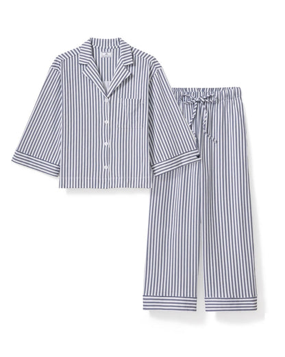 The Olivia Wide Leg PJ Set - Navy French Ticking