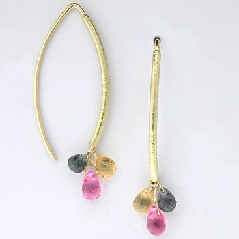 Navette Wire Earrings in 18kt Gold with 6 Multi-Color Sapphire Briolettes