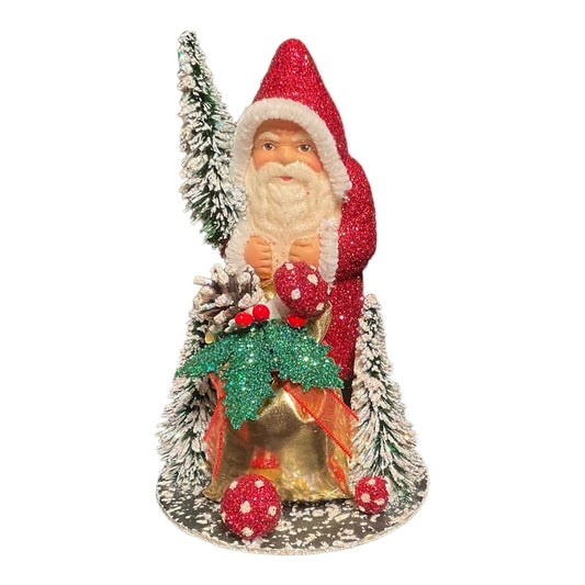 PPT Red Glitter Santa with Bag & Mushrooms 6.25"