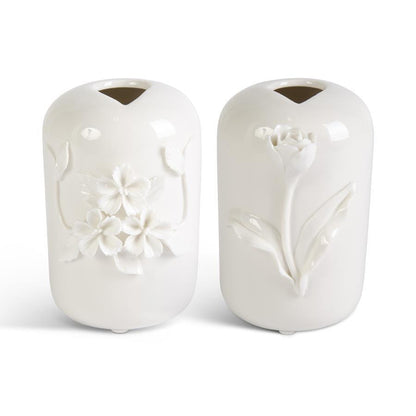 KKI Tall White Ceramic Vase with Raised Flowers 5"