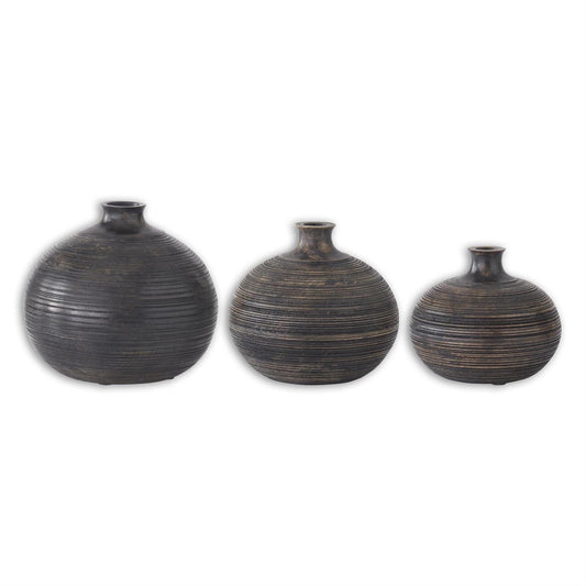 Black Weathered Groove Carved Round Vase - Large 8.25"