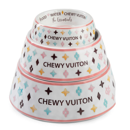 White Chewy Vuiton Dog Bowl - Small 4.5"
