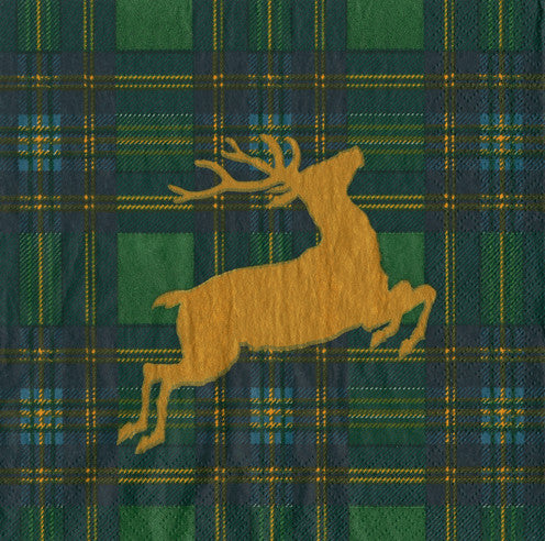 Reindeer Tartan Green Cocktail Napkin 12pk