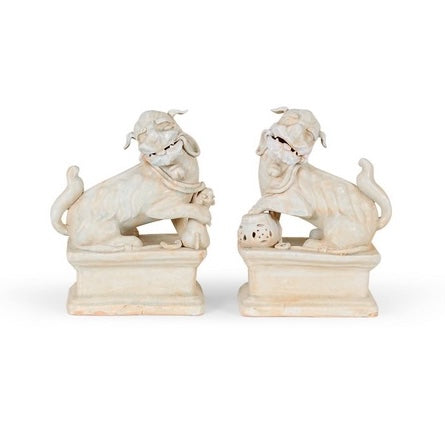 White Crackle Porcelain Foo Dog Pair 11"
