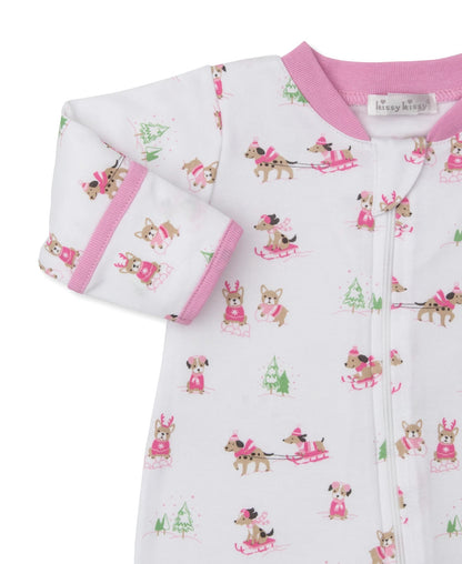 Puppy's Sleigh Riding Fun - Pink - Zip Footie