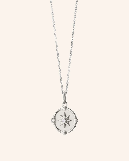 Mini "Adventure" Compass Necklace With White Sapphire 18"