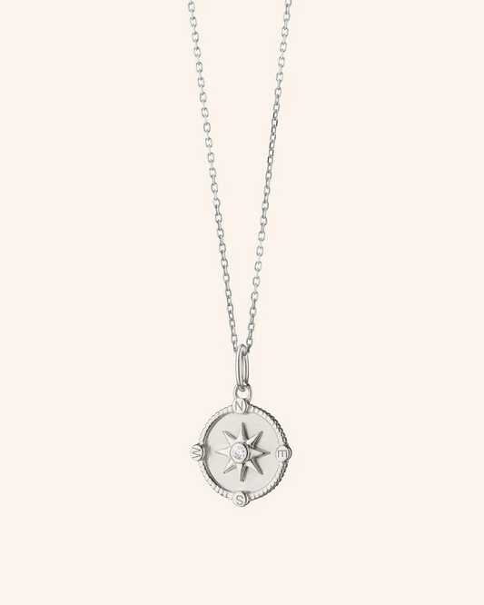 Sterling Silver Necklace with "Compass" Charm with Center White Sapphire - 18"