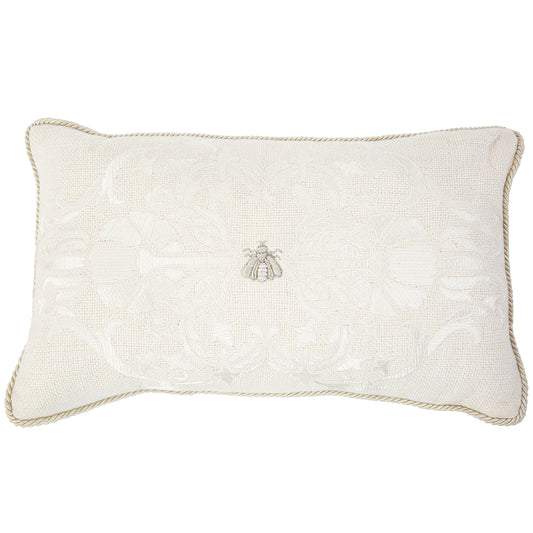 Single Embroidered Bee on Ivory Basket Weave Pillow - 12x20