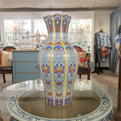 Blue Painted Striped Vase - Lotus - 13.75"H
