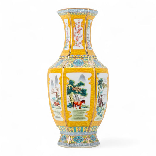 Porcelain Golden Painted Vase - Animals - 13.75"H