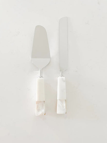 White Marble Cake Serving Set with Mother of Pearl Inlay