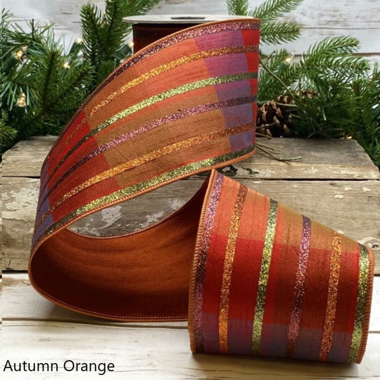 Faux Dupion Fall Plaid Glitter Stripe Autumn Orange 4" x 5yds