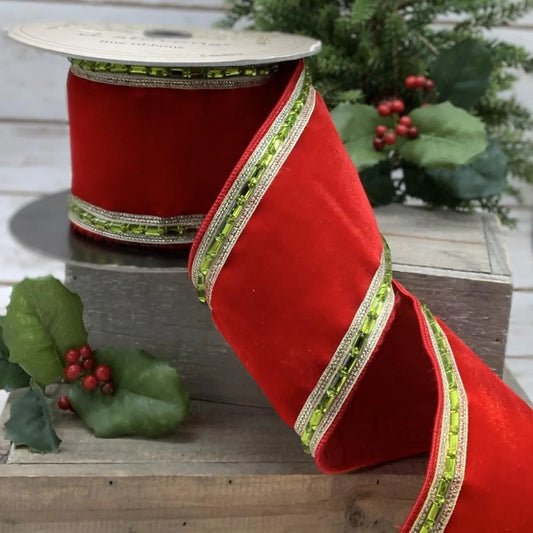 Hot Red Velvet with Green Baguette Stones 4" x 5yds