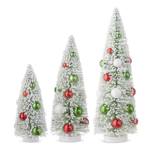 RZI Flocked Bottle Brush Tree with Multi Ornaments - Set of 3