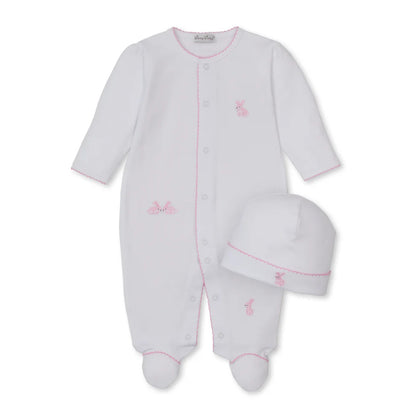 Springtime Bunny Fun - Footie & Hat Set - White with Pink