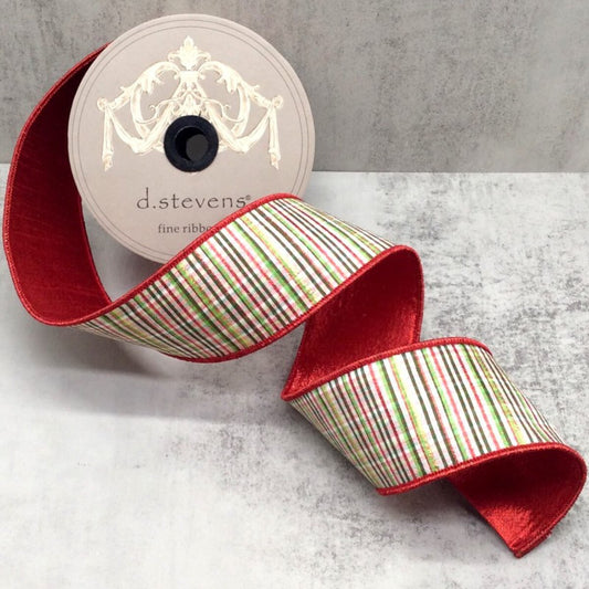 Dupion Glitter Stripe Archer Plaid Ribbon - Red, Green, White 2.5" X 10yds