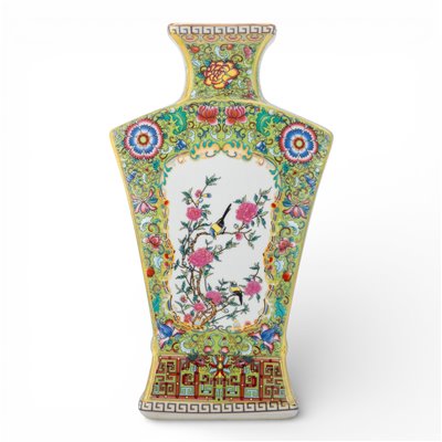 Painted Fan Vase with Birds - Green - 10.25"H